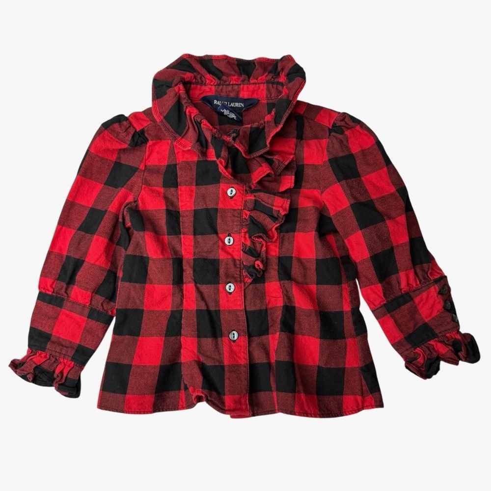 Ralph Lauren Kids’ Red Black Plaid Ruffle Button Down Long Sleeve Shirt Size 2T
